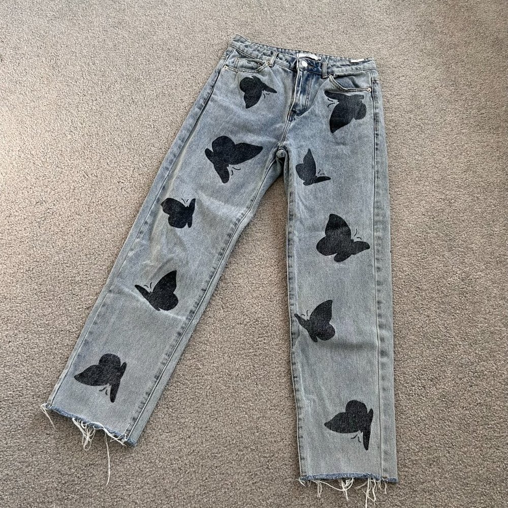 Adika Butterfly Print Mom Jeans Frayed Hem 100% Cotton in MEDIUM   - 1B842